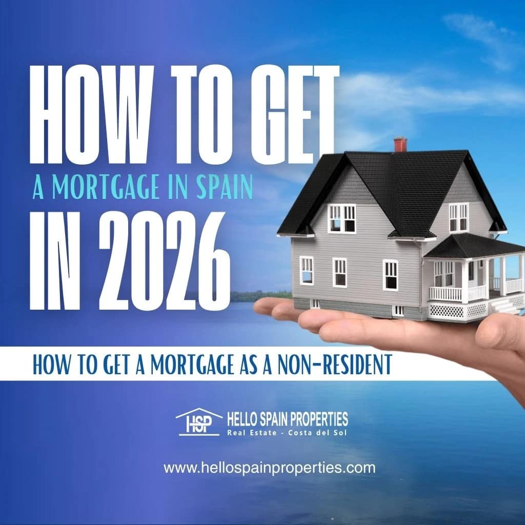 Infographic about how to obtain a mortgage in Spain on the Costa del Sol in 2026 as a non-resident, featuring a miniature house on a hand with a blue background.
