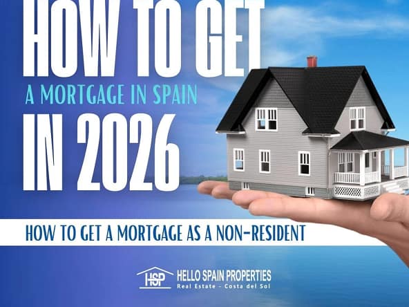 Infographic about how to obtain a mortgage in Spain on the Costa del Sol in 2026 as a non-resident, featuring a miniature house on a hand with a blue background.